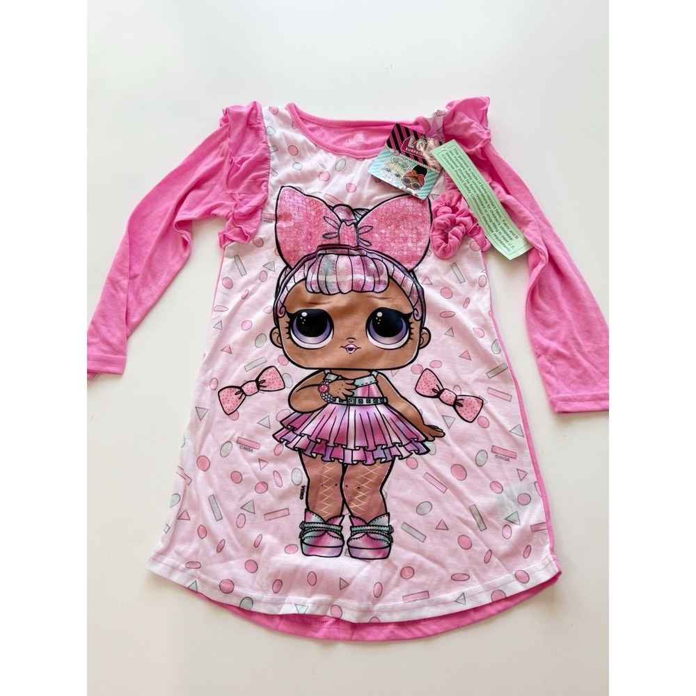 Girls L.O.L. LOL Surprise! Doll One Piece Nightgown Gown Pajamas Hair Tie Sz 4/5